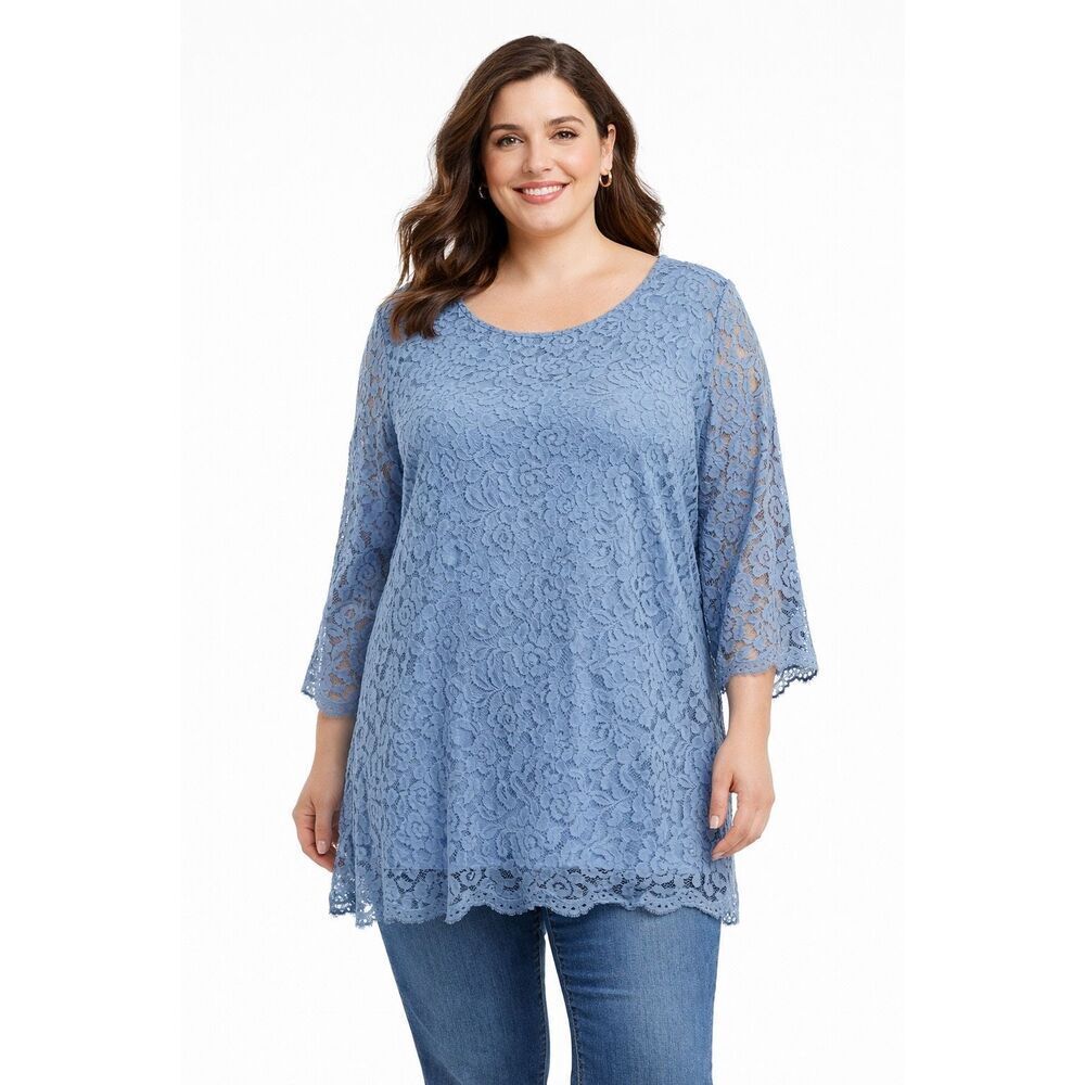Caroline Rose Lace Overlay Blouse Bell Sleeve Size 1X Blue Periwinkle